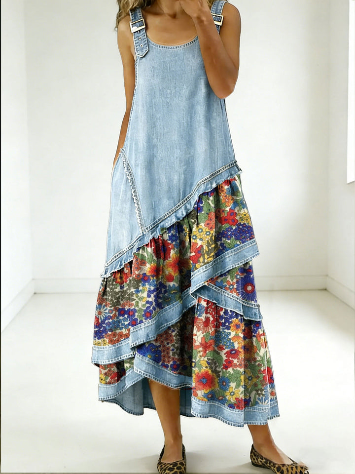 Maëlle | Robe Asymétrique en Denim et Imprimé