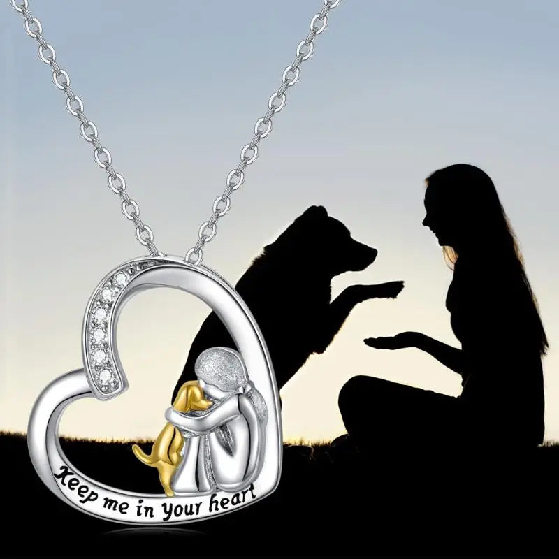 Collier en Argent Sterling 925 – Design Cœur & Chien avec Zirconia