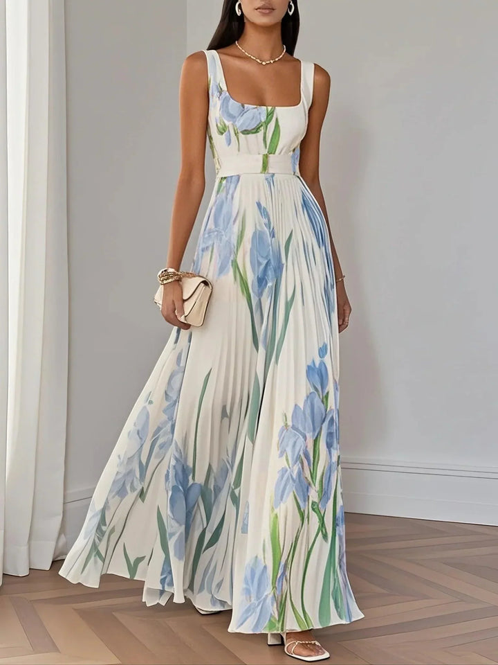 Marie | Robe Maxi en Chiffon Floral Plissé Blanc