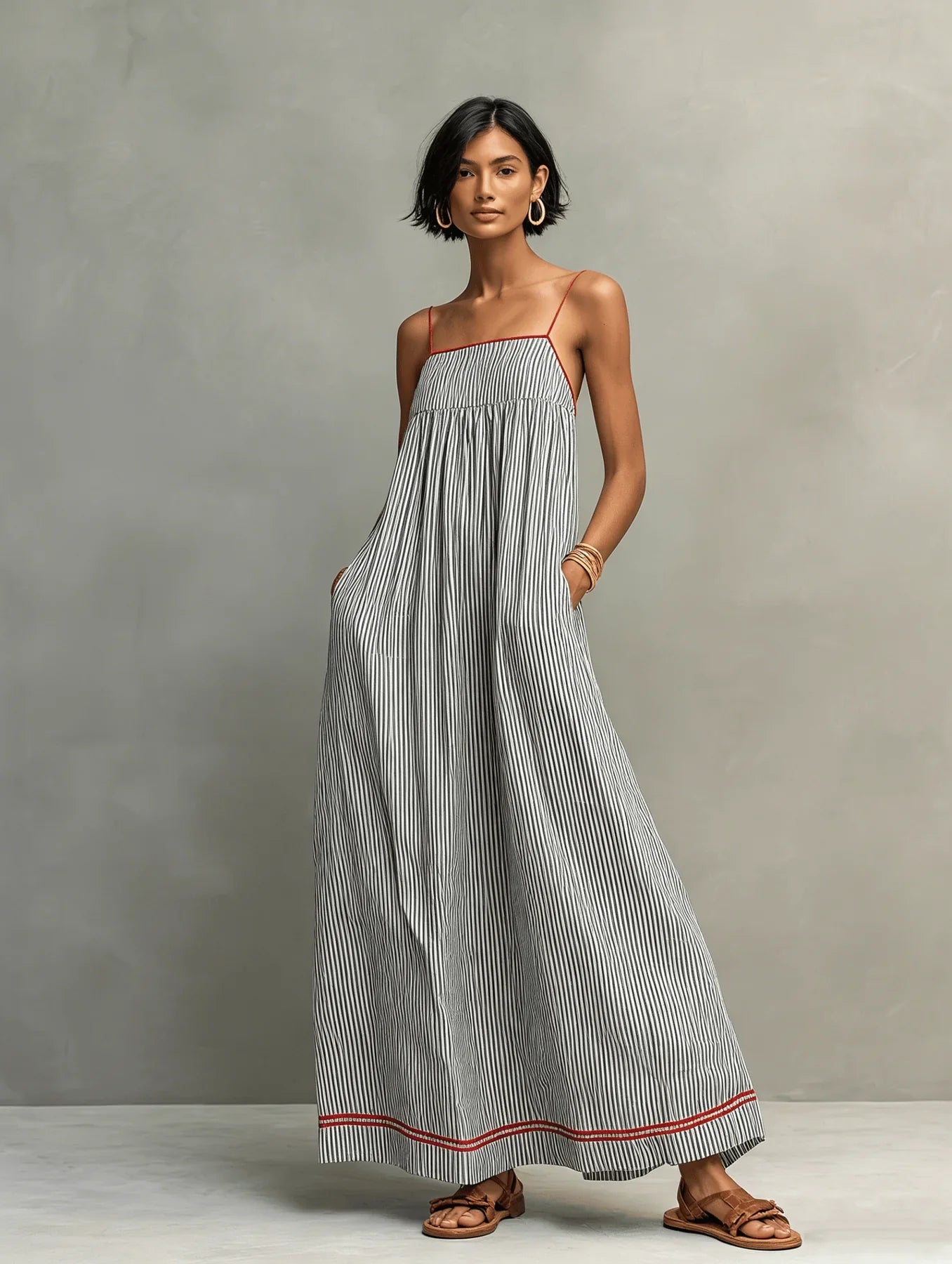 Robe Maxi à Rayures avec Détails Contrastés