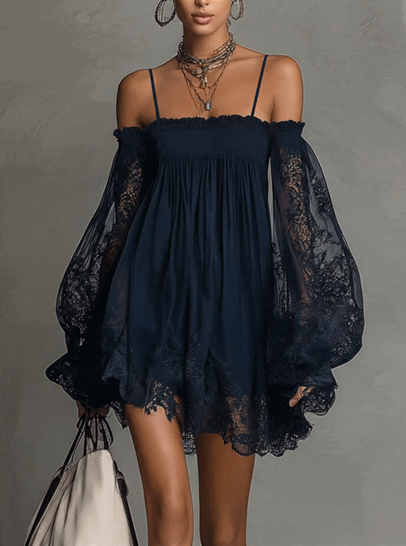 Noemi | Robe mini en chiffon bleu marine avec décolleté off-shoulder