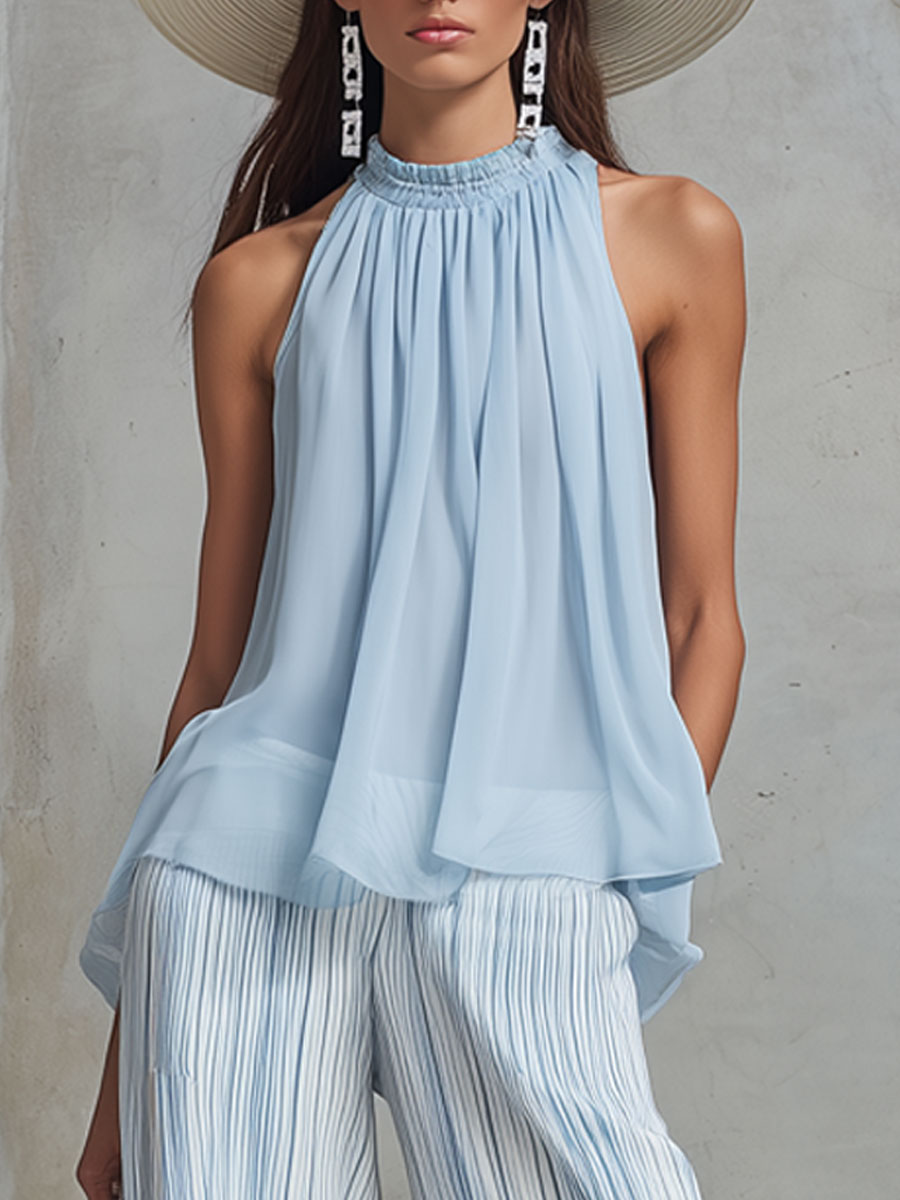 Ensemble de Pantalons en Chiffon Bleu Côtier