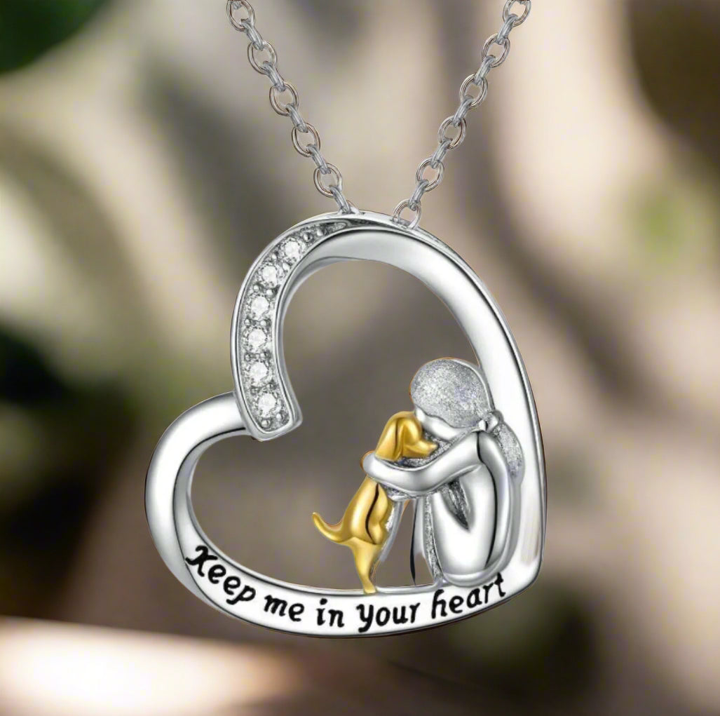 Collier en Argent Sterling 925 – Design Cœur & Chien avec Zirconia