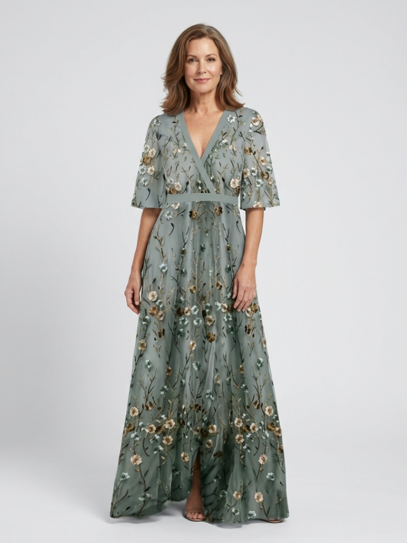 Élodie | Robe Maxi à Col V Floral à Manches Courtes