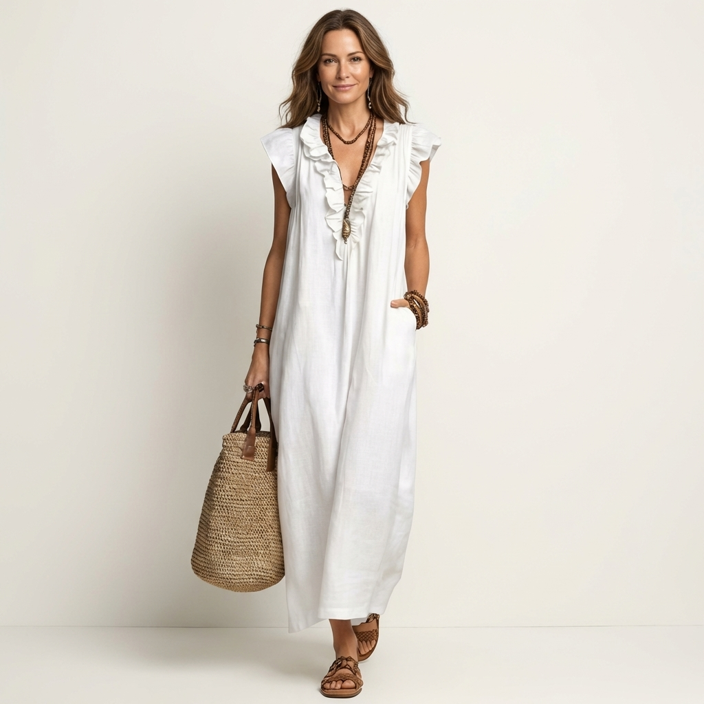 Josette | Robe Maxi en Lin avec Volants et Décolleté en V