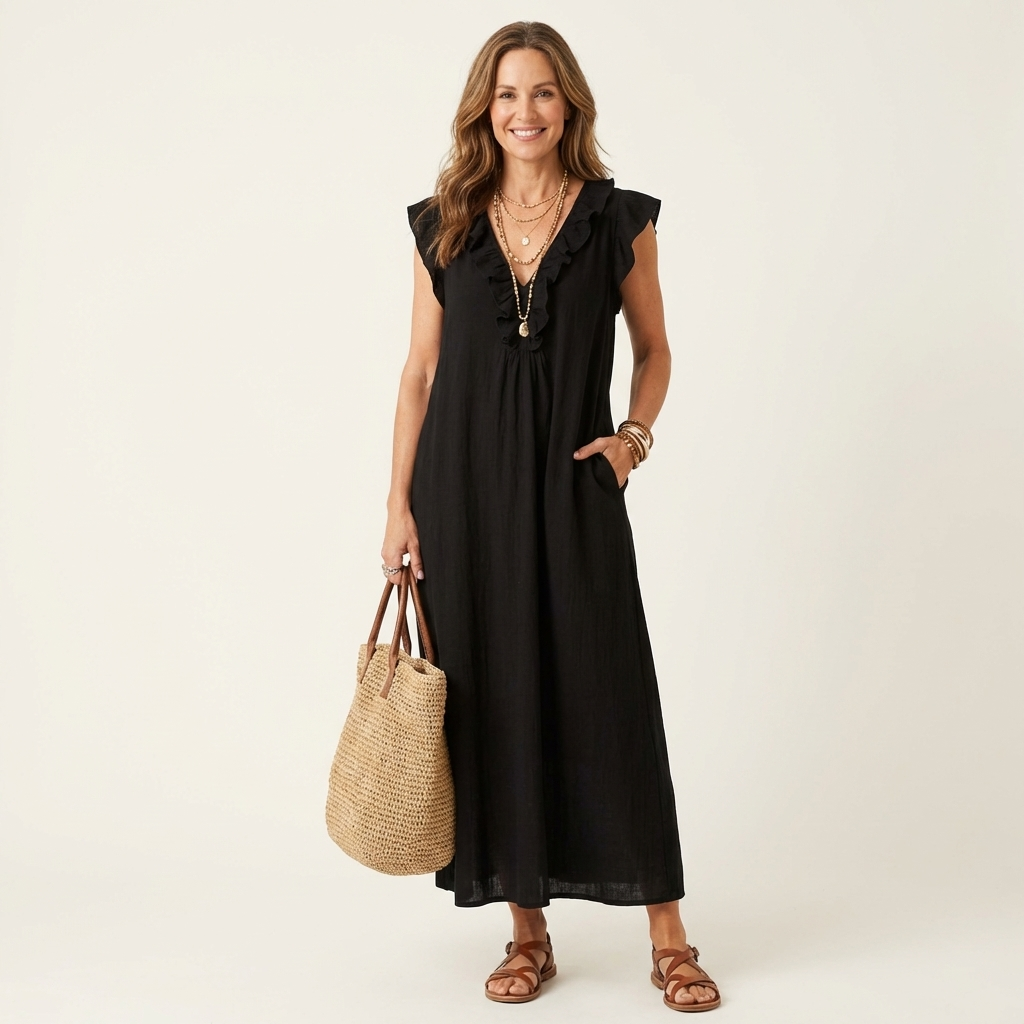 Josette | Robe Maxi en Lin avec Volants et Décolleté en V