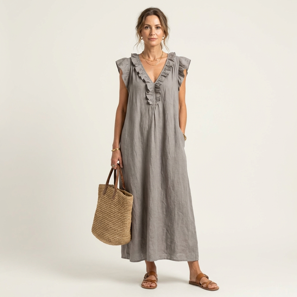 Josette | Robe Maxi en Lin avec Volants et Décolleté en V
