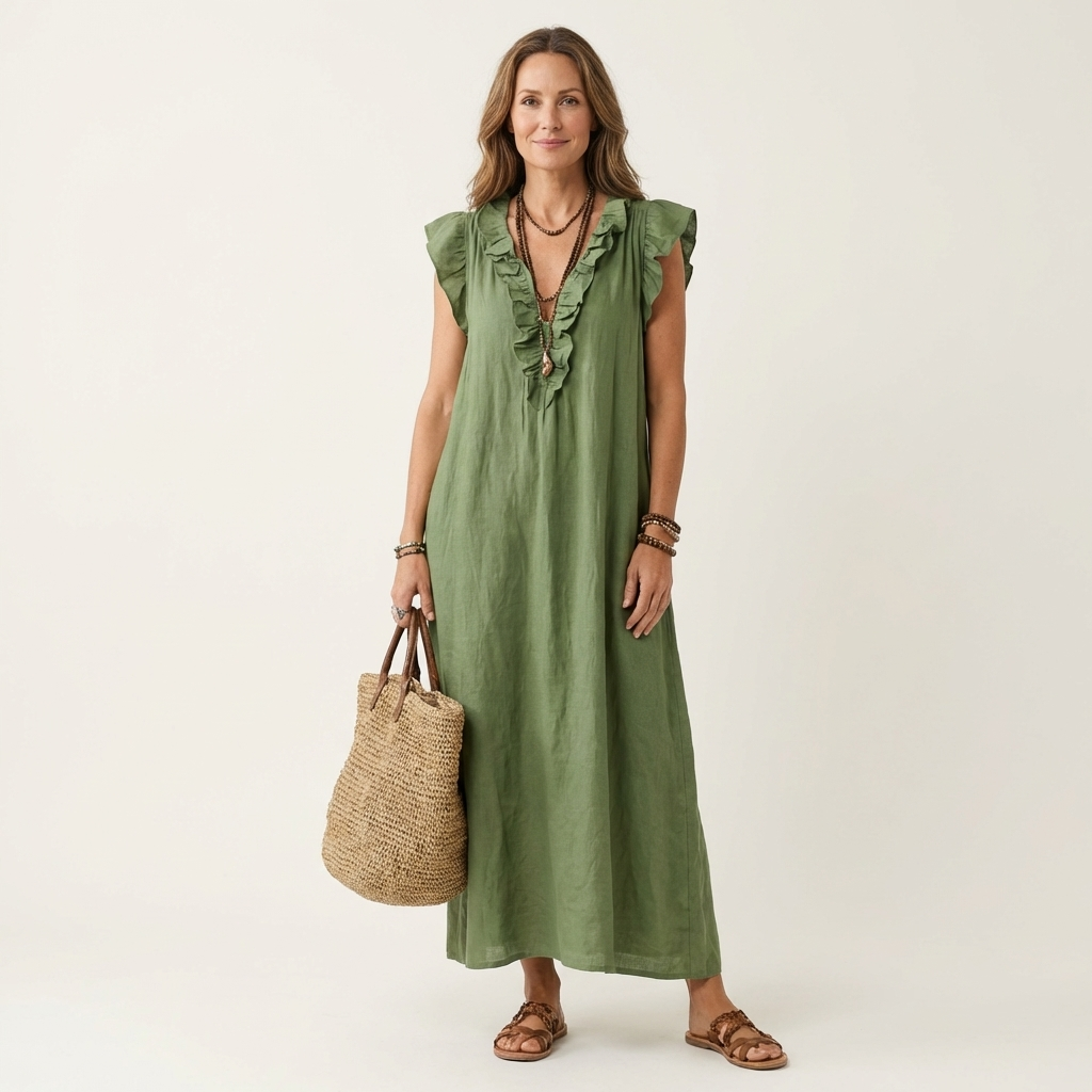 Josette | Robe Maxi en Lin avec Volants et Décolleté en V