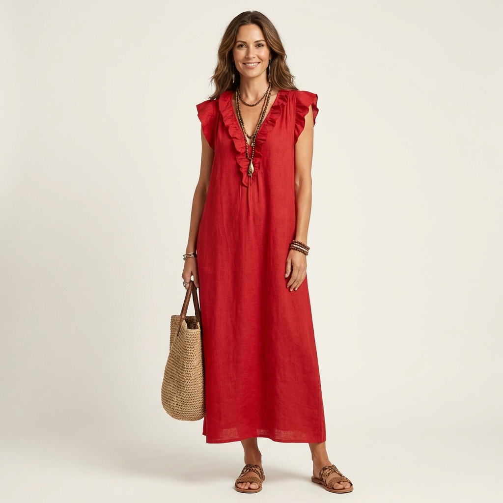 Josette | Robe Maxi en Lin avec Volants et Décolleté en V