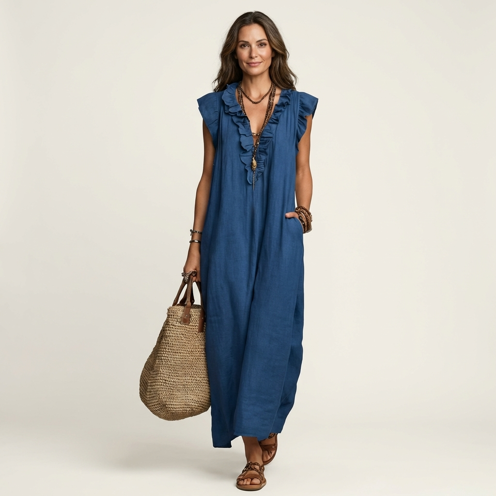 Josette | Robe Maxi en Lin avec Volants et Décolleté en V
