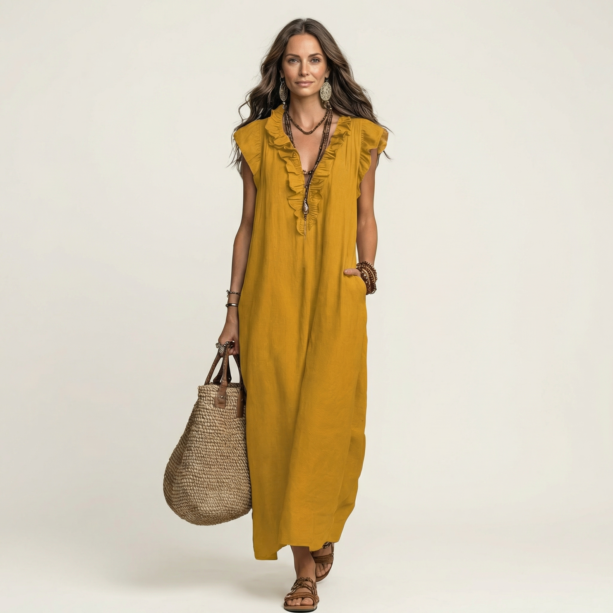 Josette | Robe Maxi en Lin avec Volants et Décolleté en V