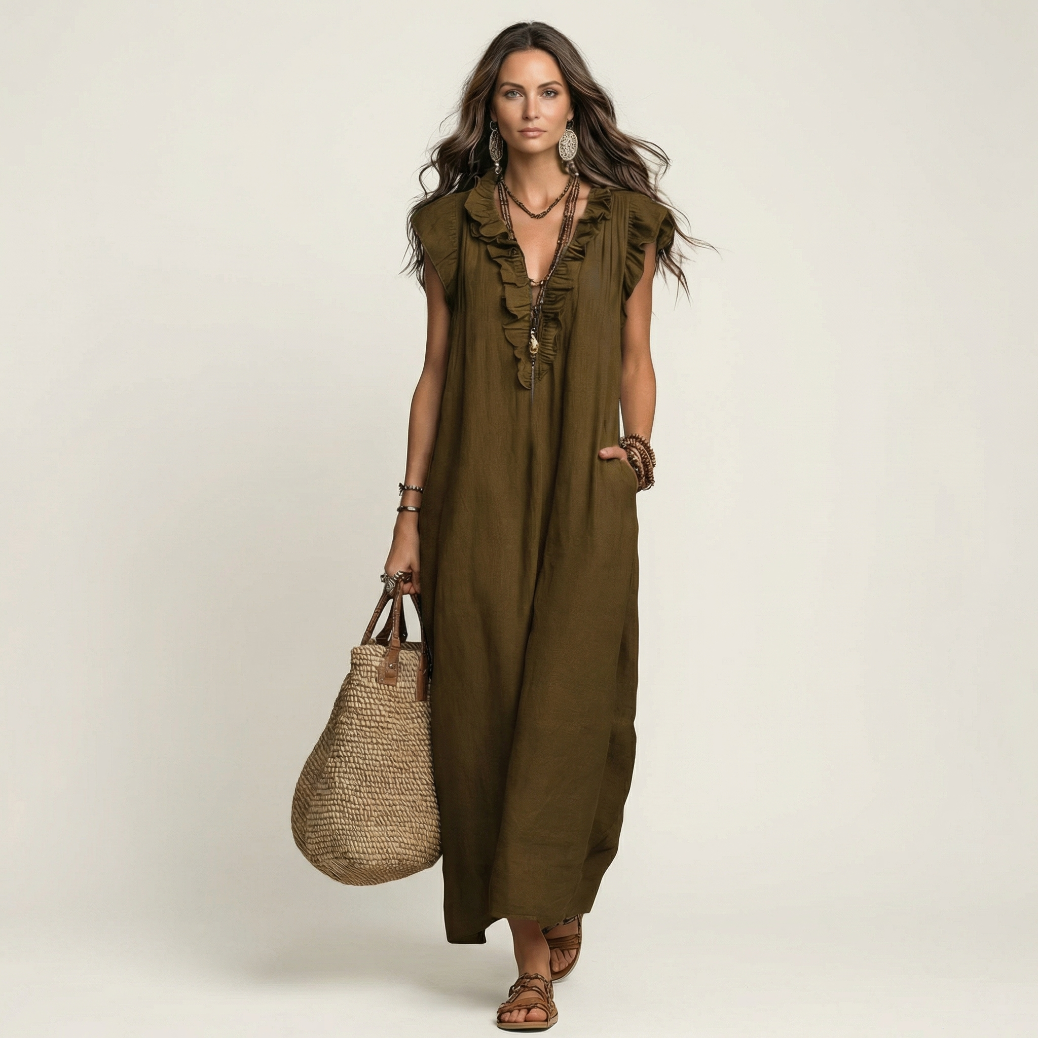 Josette | Robe Maxi en Lin avec Volants et Décolleté en V