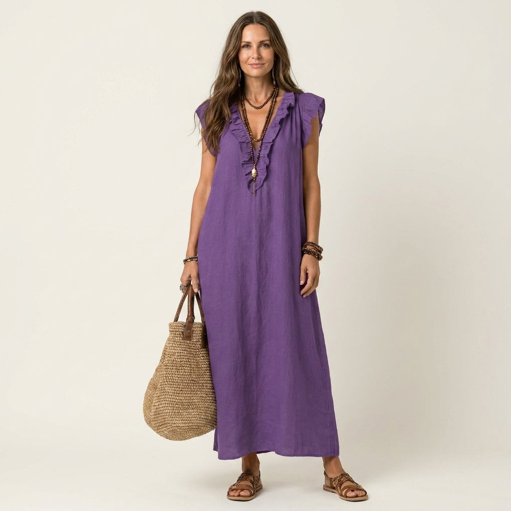 Josette | Robe Maxi en Lin avec Volants et Décolleté en V