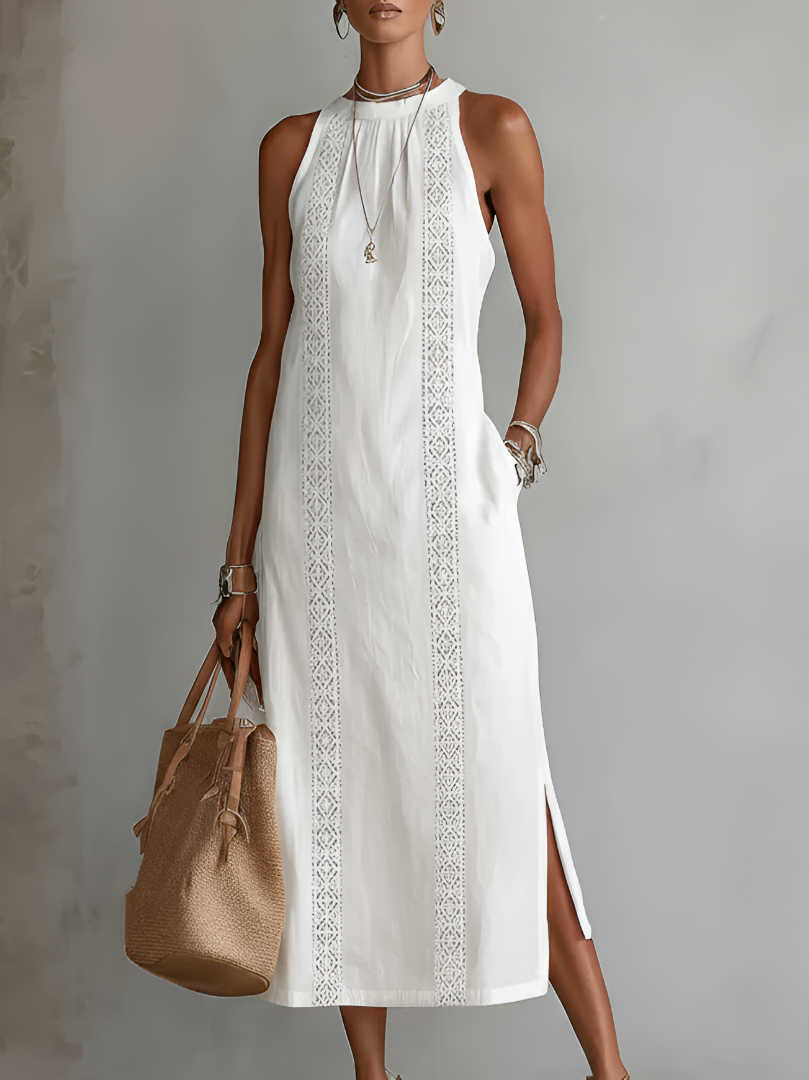Juliette | Robe Midi en Coton Lin avec Col Mandarin