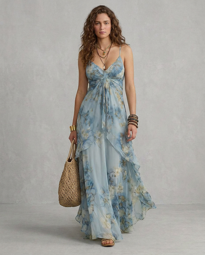 ELISA | Robe Maxi Slip Florale Bleue