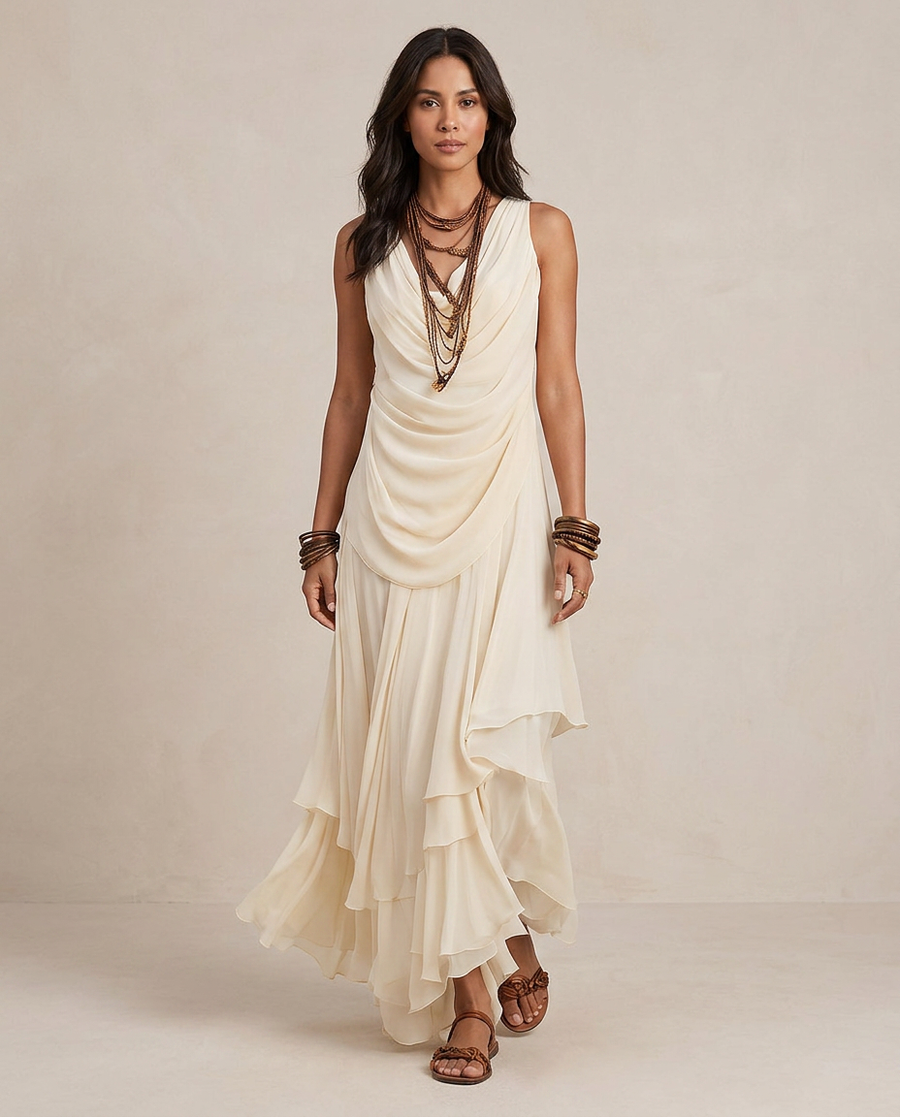 CLARA | Robe Maxi avec Volants Crème