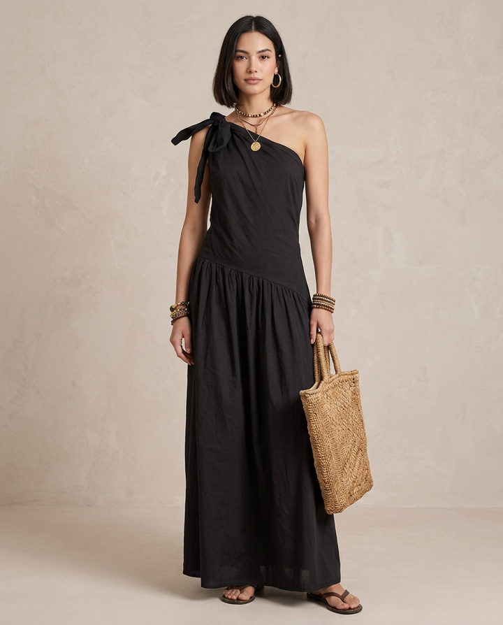 SELENA | Robe Maxi Épaule Unique Noir
