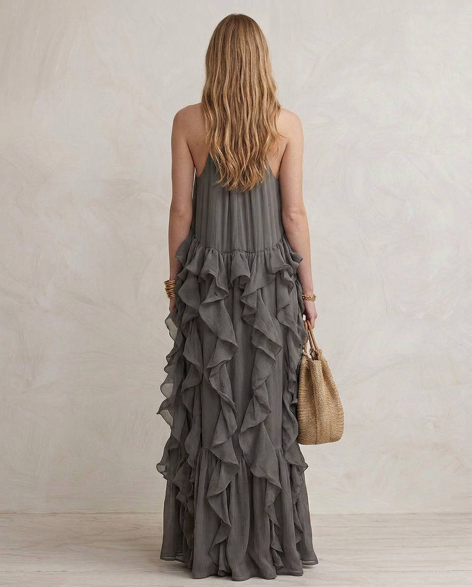 SERENA | Robe Maxi Grise avec Volants