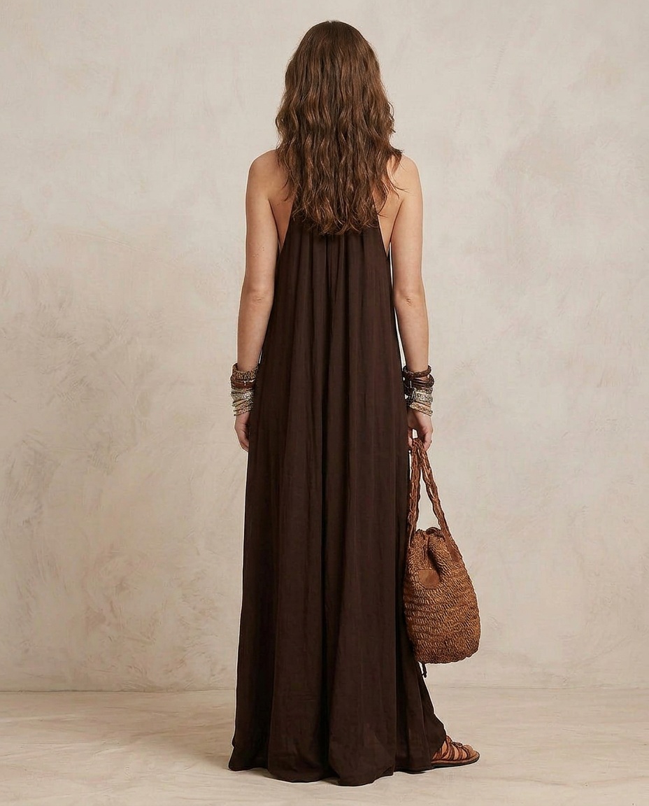 CAMILLA | Robe Maxi Dos Nu Marron Foncé
