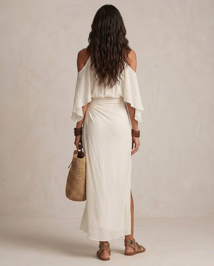 VALENTINA | Robe Midi à Bretelles Écrue Drapée