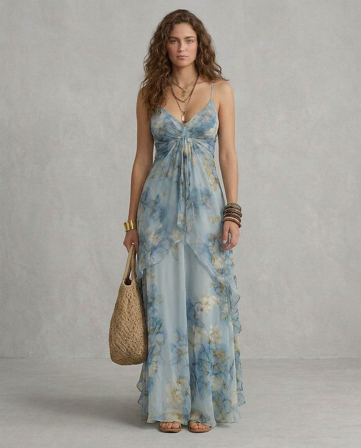 ELISA | Robe Maxi Slip Florale Bleue