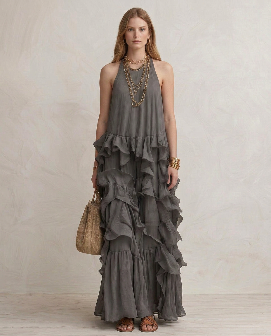 SERENA | Robe Maxi Grise avec Volants