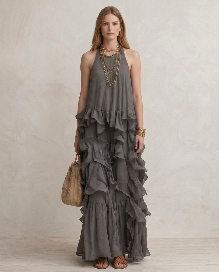 SERENA | Robe Maxi Grise avec Volants