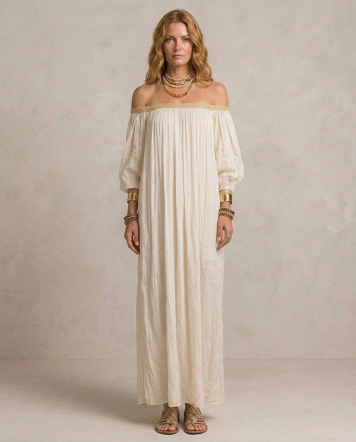 ISABELLA | Robe Maxi Boho Plissée Écru