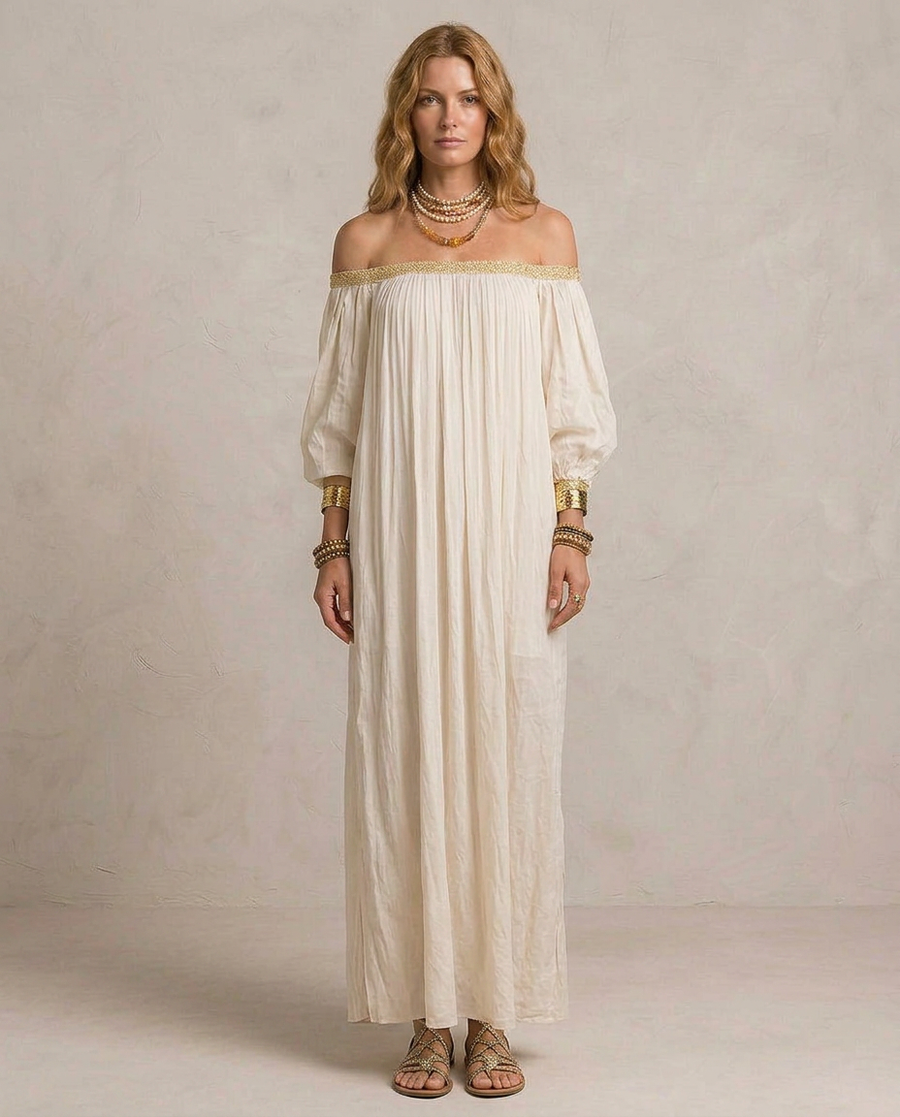 ISABELLA | Robe Maxi Boho Plissée Écru