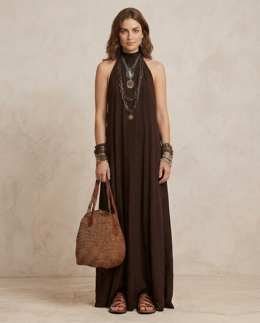 CAMILLA | Robe Maxi Dos Nu Marron Foncé