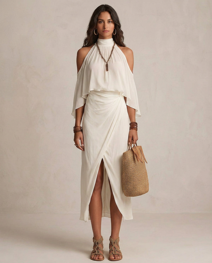 VALENTINA | Robe Midi à Bretelles Écrue Drapée