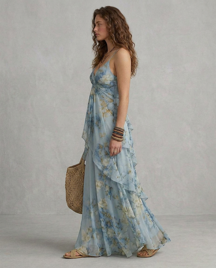 ELISA | Robe Maxi Slip Florale Bleue