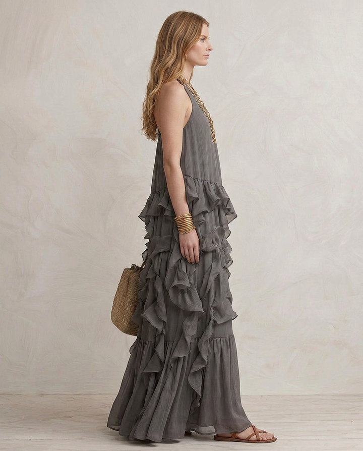 SERENA | Robe Maxi Grise avec Volants