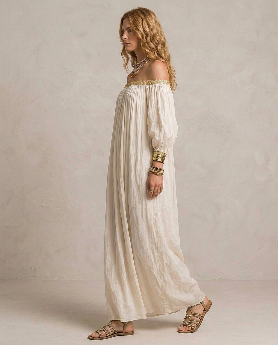 ISABELLA | Robe Maxi Boho Plissée Écru
