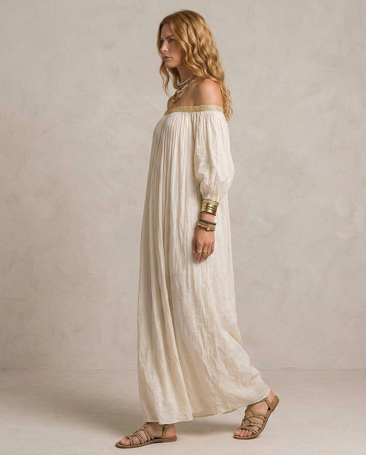 ISABELLA | Robe Maxi Boho Plissée Écru
