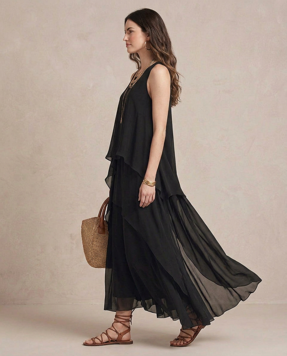 NOEMI | Robe Maxi Boho en Chiffon Noir