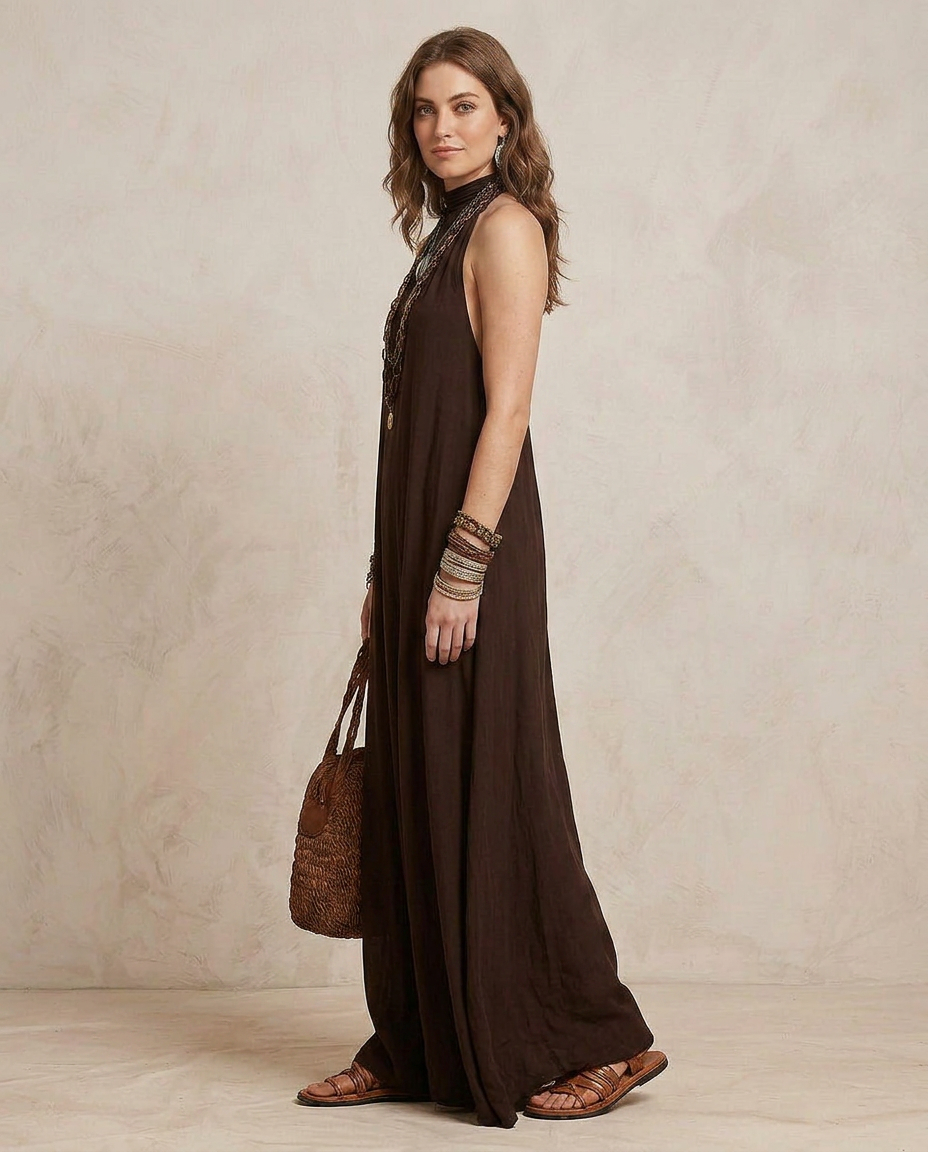 CAMILLA | Robe Maxi Dos Nu Marron Foncé