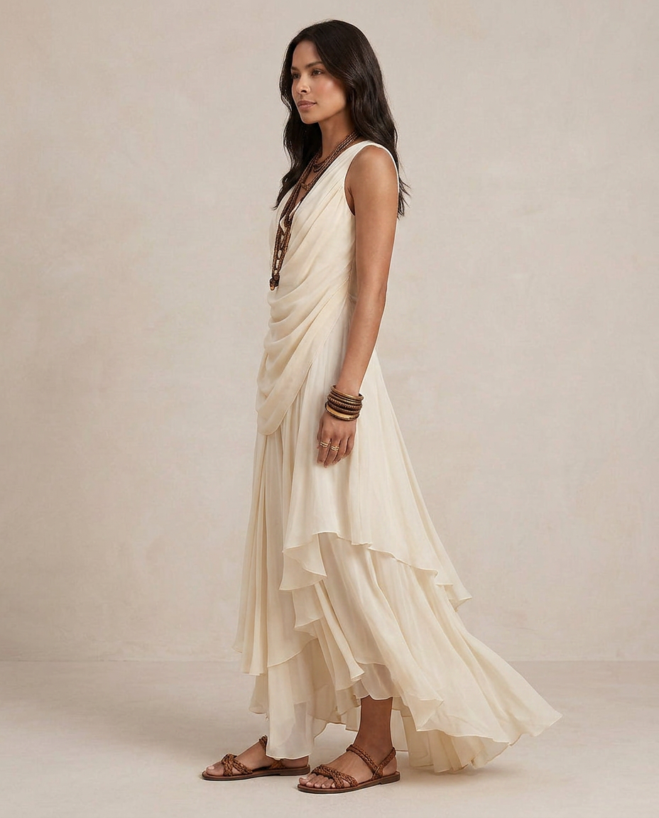 CLARA | Robe Maxi avec Volants Crème