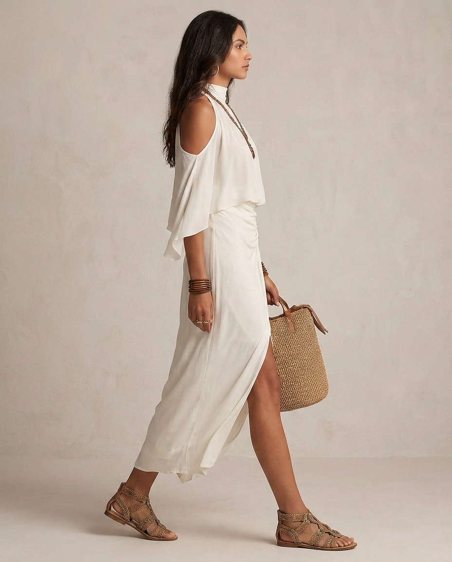 VALENTINA | Robe Midi à Bretelles Écrue Drapée