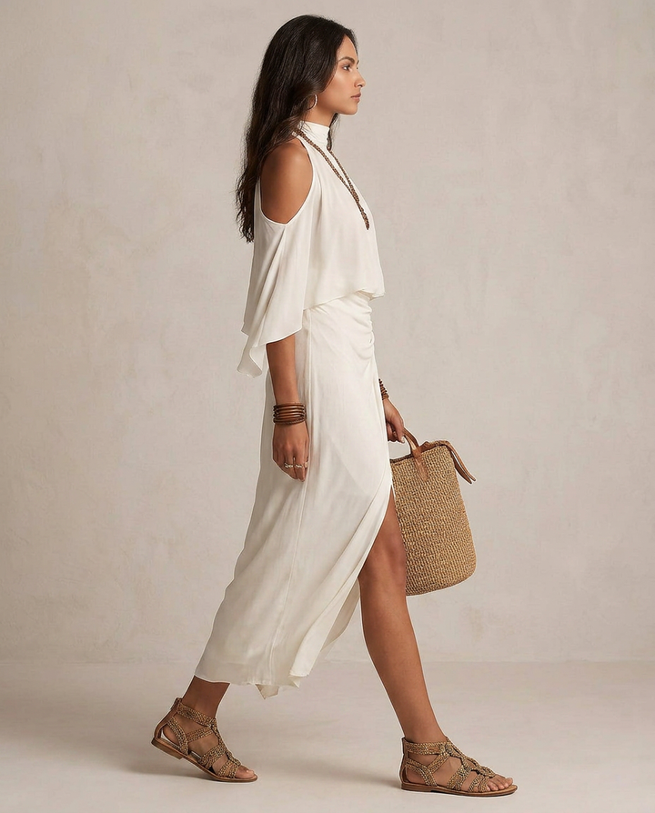 VALENTINA | Robe Midi à Bretelles Écrue Drapée