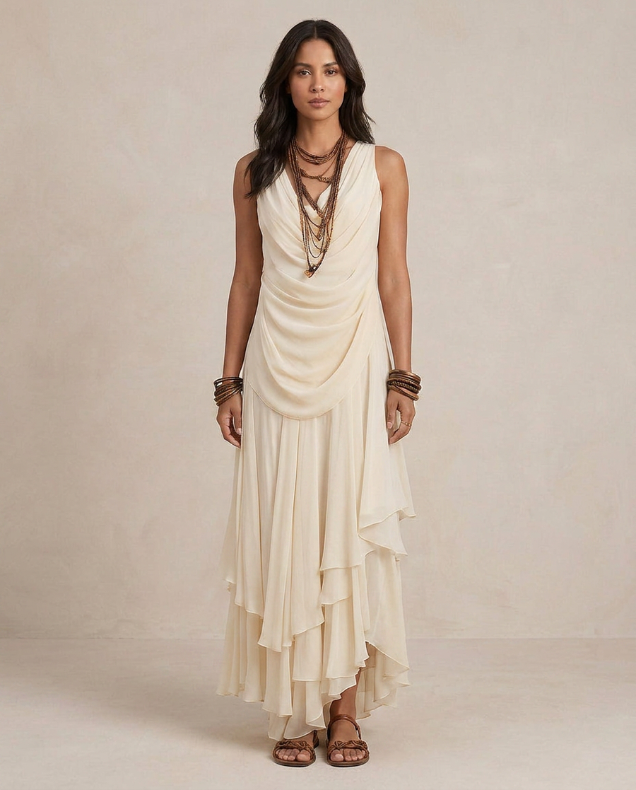 CLARA | Robe Maxi avec Volants Crème