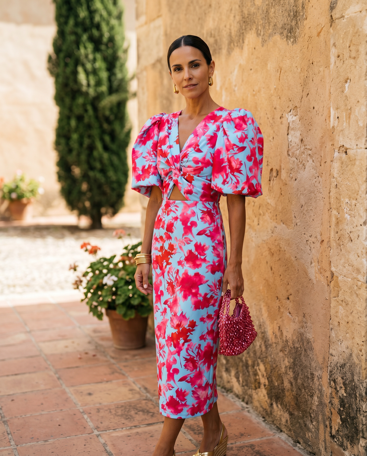 Carla™ | Robe Midi Florale avec Manches Bouffantes