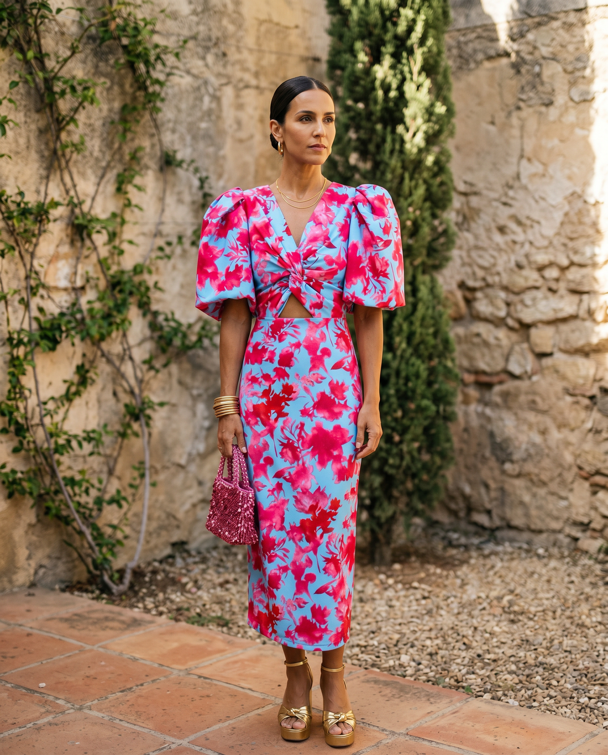 Carla™ | Robe Midi Florale avec Manches Bouffantes