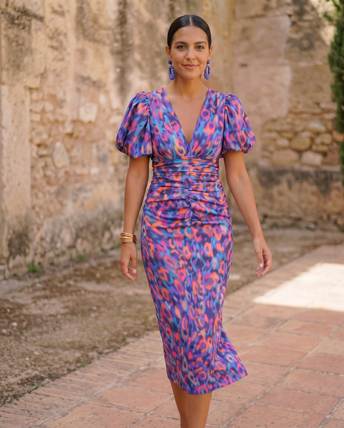 Carla™ | Robe Midi Florale avec Manches Bouffantes