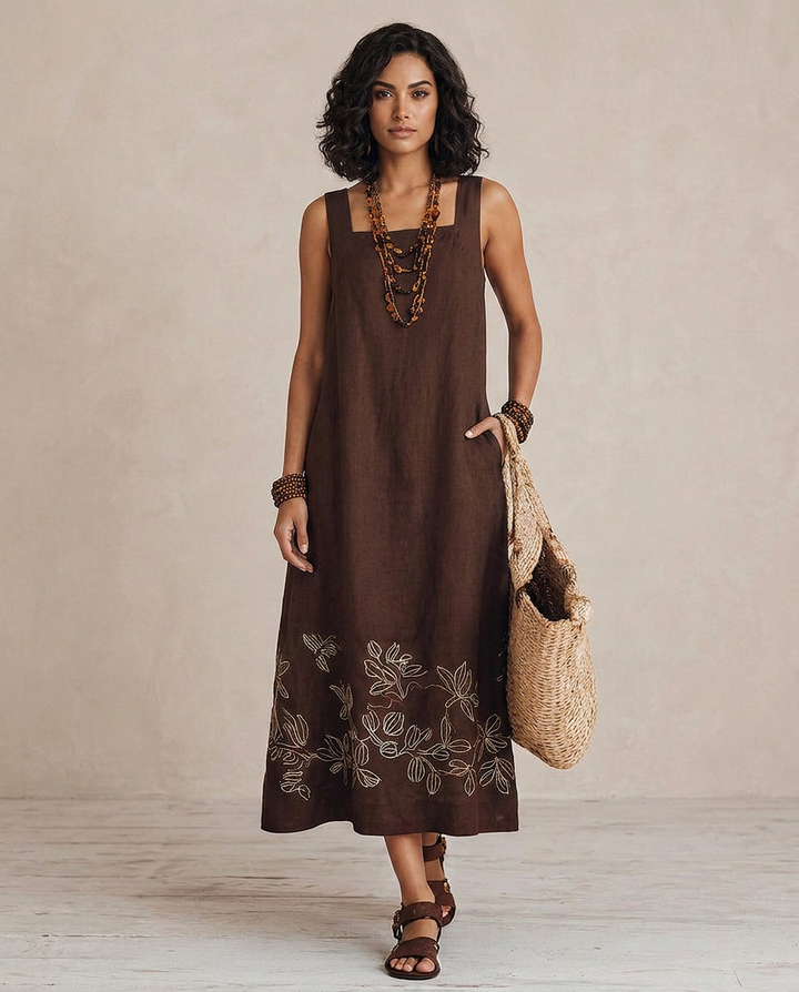 NOEMI | Robe midi en lin de style boho avec broderies
