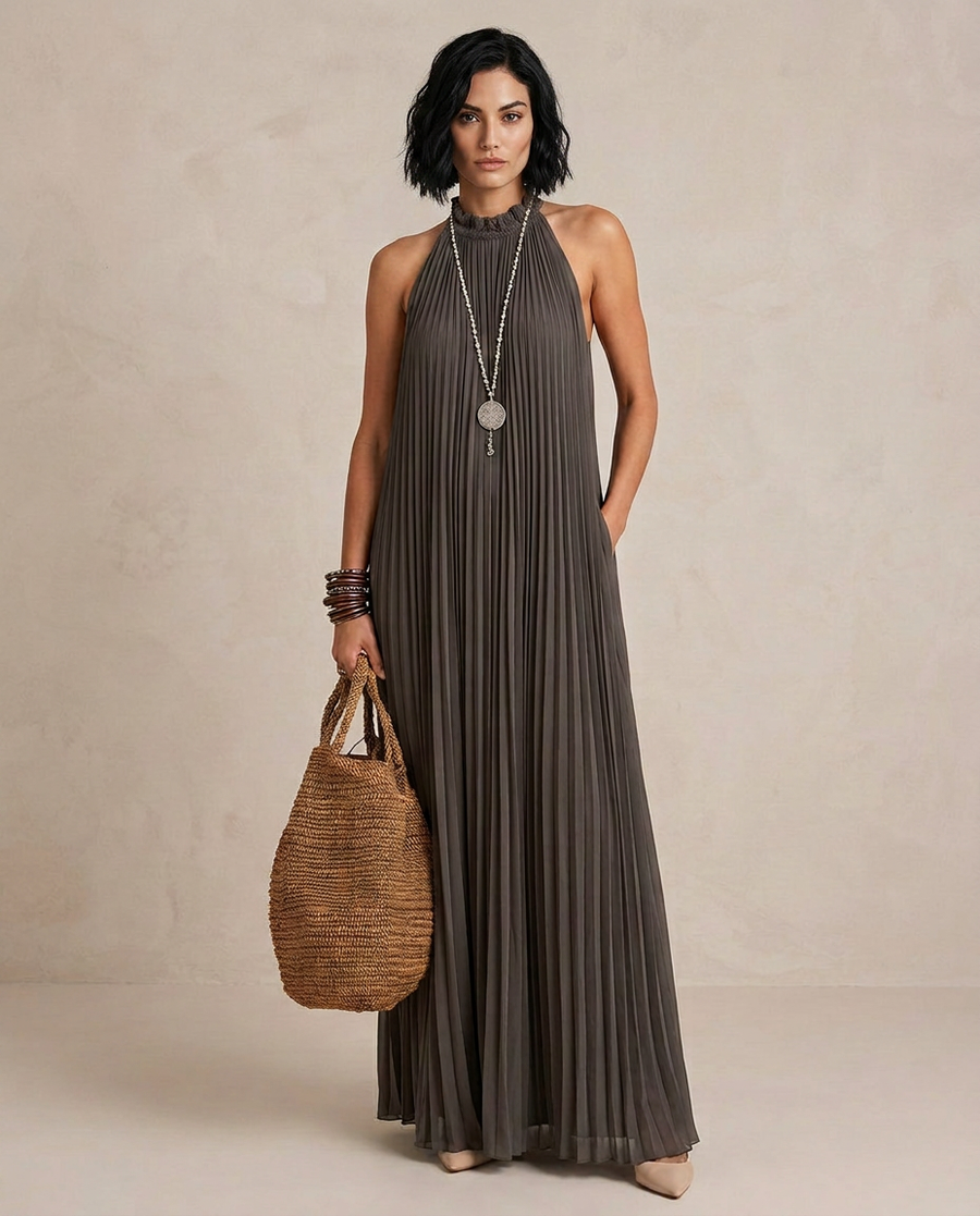 LIRA | Robe Maxi à Bretelles Plissée Grise