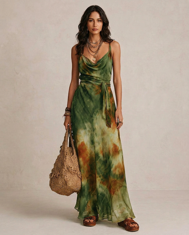 ELIRA | Robe Maxi Abstraite Verte