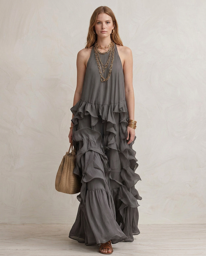 SERENA | Robe Maxi Grise avec Volants