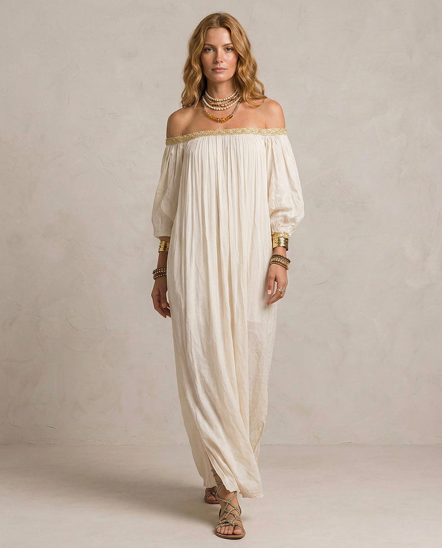 ISABELLA | Robe Maxi Boho Plissée Écru