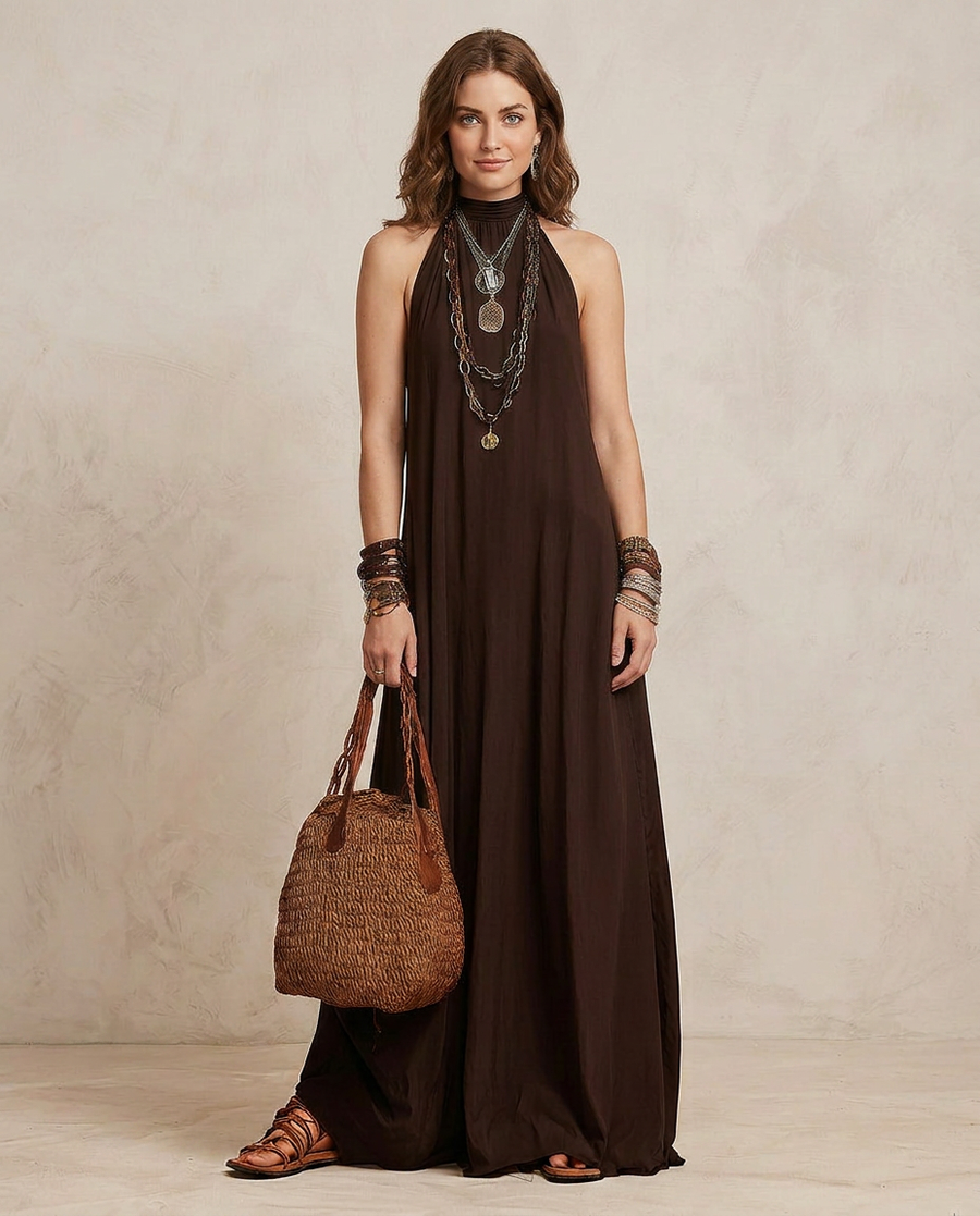 CAMILLA | Robe Maxi Dos Nu Marron Foncé